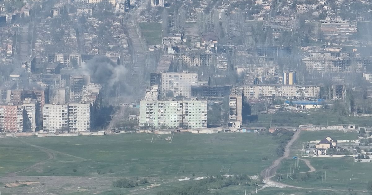 Smoke erupts following a shell explosion in Bakhmut
