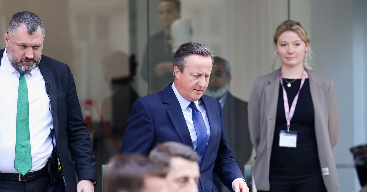 Former British Prime Minister David Cameron walks after giving evidence at the COVID-19 Inquiry, in London