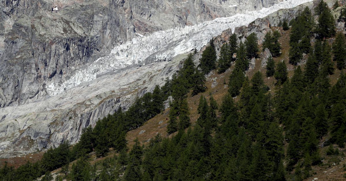 A segment of the Planpincieux glacier is seen on the Italian side of the Mont Blanc massif area