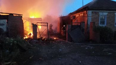 House on fire following shelling allegedly by Ukrainian forces in the village of Sobolevka, Belgorod region